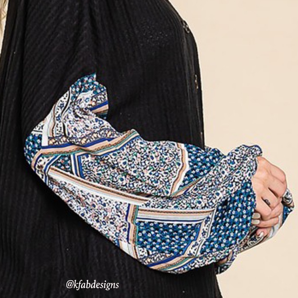 LAST 1! Boho Balloon Sleeve Black/Blue Waffle Knit Oversized Button Down Top - Picture 6 of 7
